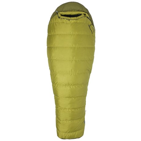 Closeout. Filled with water-resistant 650 fill power goose down, Marmotand#39;s 30and#176;F Radium down sleeping bag can be zipped open like a book to convert it to a flat blanket. Available Colors: DARK CITRON/MILITARY GREEN.
