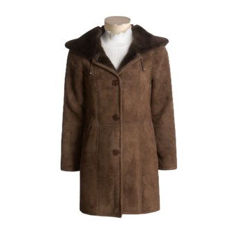 Aston Leather Hooded Suede Stroller Coat - American Lambskin Shearling (For Women) in Suede Dark Brown