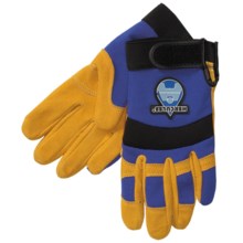 Auclair Mechanic-Style Cowhide Gloves - Spandex Back, Curved Fingers and Thumb (For Men) in Blue Back/ Gold Palm - Closeouts