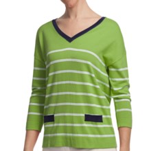 August Silk Stripe V-Neck Shirt - Cotton-Modal, 3/4 Sleeve (For Women) in Green/Navy - Closeouts