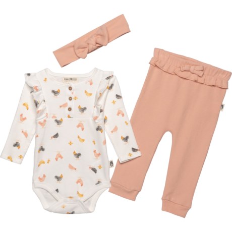Rabbit and Bear Baby Bodysuit, Pants and Headband Set - Organic Cotton, Long Sleeve (For Infants) - PINK HEN (6/9 )