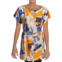 Belted Tunic Shirt - Short Sleeve (For Women) in Orange Multi - 2nds
