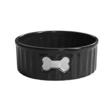Bia Cordon Bleu Fluted Pet Bowl - Large, Ceramic, Metallic Bone in Black - Closeouts
