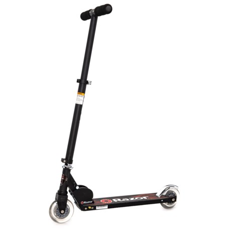 CLOSEOUTS. Great for spinning around the neighborhood, Razorand#39;s Black Label A kick scooter is fun for kids and teens up to 143 pounds. The aircraft-grade aluminum tube and deck is sturdy and lightweight, and the rear fender braking system ensures quick and easy stops. Available Colors: CLEAR.