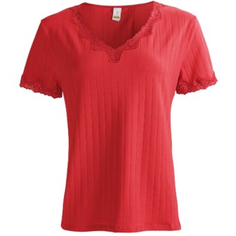 Calida Cotton T-Shirt with Fancy Lace - Short Sleeve (For Women) in Tango