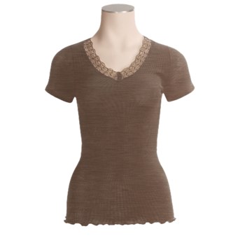 Calida Embrace V-Neck Shirt - Wool-Silk Rib, Short Sleeve (For Women)