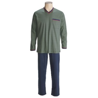 Calida Striped Knit Pajamas - V-Neck, Long Sleeve (For Men) in Night Shadow