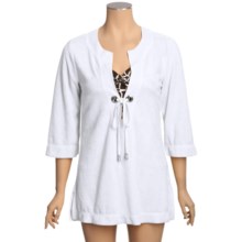 Calispia Cover-Up Tunic Shirt - French Terry Cotton, 3/4 Sleeve (For Women) in White - Closeouts