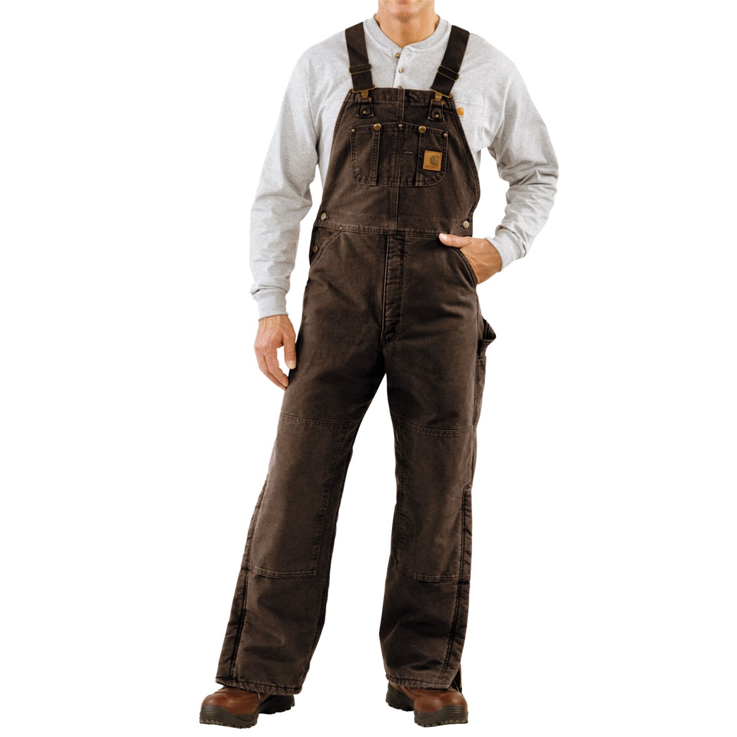 carhartt quilt lined bib overalls sandstone duck for men in dark brown~p~50315_40~1500