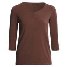 Casual Studio Shirred V-Neck Shirt - Stretch Cotton, 3/4 Sleeve (For Women) in Coffee - Closeouts
