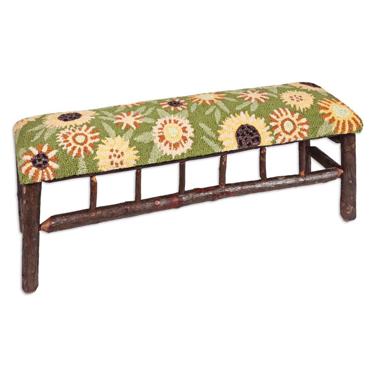 Chandler 4 Corners Twig Bench Hooked Wool Top in Sunflower