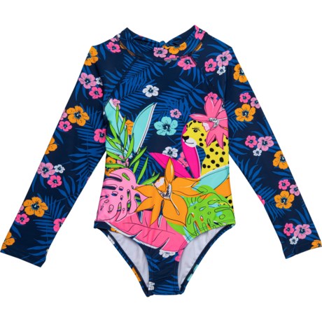 Kensie Cheetah Forest Print One-Piece Rash Guard Swimsuit - UPF 50, Long Sleeve (For Toddler Girls) - NAVY (2T )