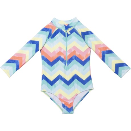 KENSIE GIRL Chevron Stripe Rash Guard Swimsuit - UPF 50, Long Sleeve (For Toddler Girls) - SEAFOAM (3T )