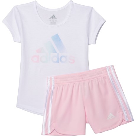 Adidas Cotton T-Shirt and 3-Stripe Shorts Set - Short Sleeve (For Little Girls) - WHITE/LIGHT PINK (3T )