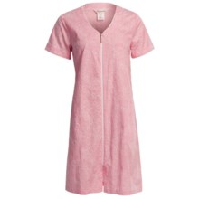 Diamond Tea Short Cotton Robe - Zip Front, Short Sleeve (For Women) in Pink Embroidery - Closeouts
