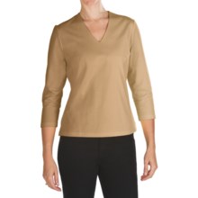 Double Front V-Neck Shirt - Stretch Cotton, 3/4 Sleeve (For Women) in Coffee - 2nds