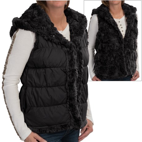 dylan Silky Puffer Hooded Faux Fur Vest Reversible For Women