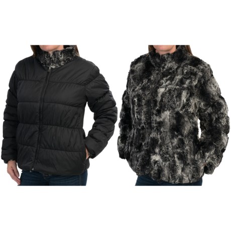 dylan Textured Black Fur and Nylon Mock Jacket Reversible, Faux Fur (For Women)