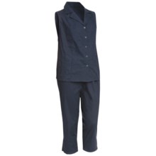 Embroidered Stretch Cotton Shirt and Capri Set - Sleeveless (For Plus Size Women) in Navy - 2nds