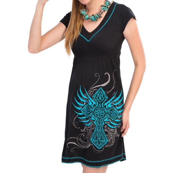 Rock and Roll Cowgirl Cross Embroidered Smocked Dress - V-Neck, Short Sleeve (For Women)
