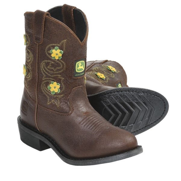 John Deere Footwear Johnny Popper Flower Accent Cowboy Boots - Suede (For Youth Girls)