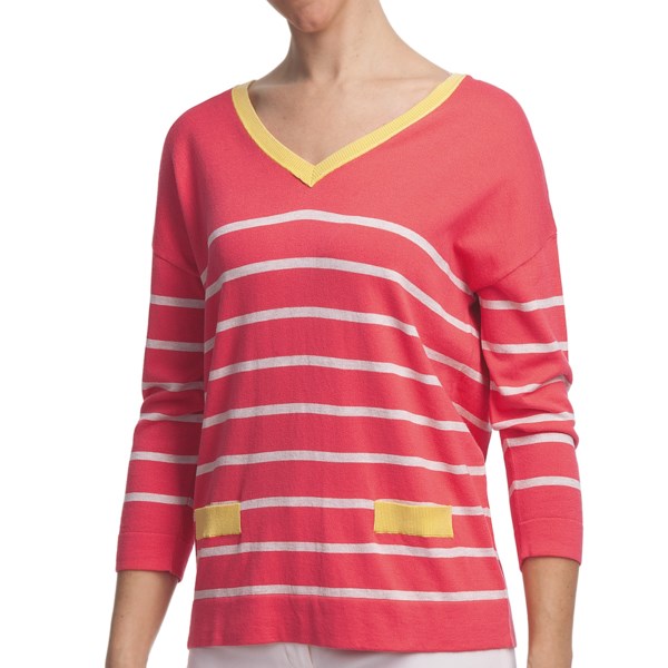 August Silk Stripe V-Neck Shirt - Cotton-Modal, 3/4 Sleeve (For Women)