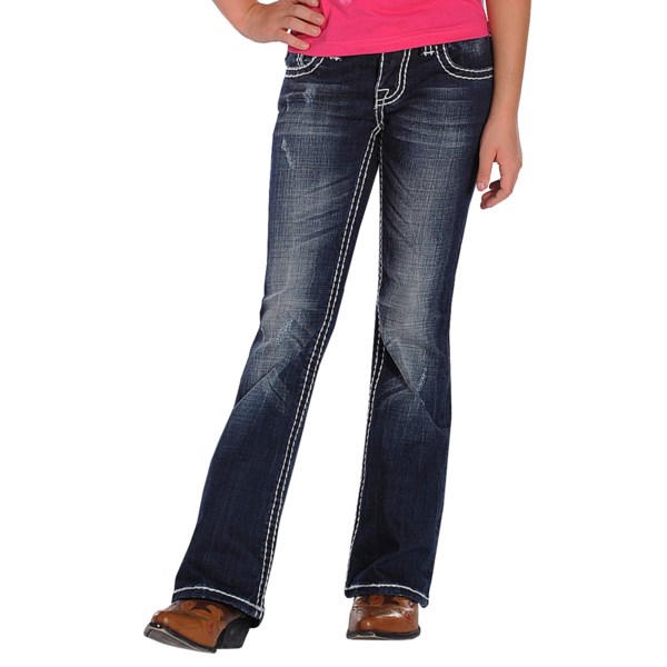 Rock and Roll Cowgirl Rhinestone-Trimmed Pocket Jeans - Pink Bar Tack, Bootcut (For Girls)