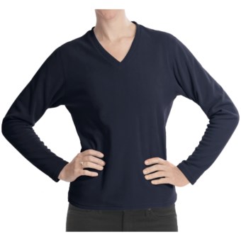 Fleece V-Neck Shirt - Long Sleeve (For Women) in Navy