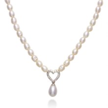 Gemstar Freshwater Pearl and CZ Heart Necklace - 18" in White Fwp/Sterling Silver - Closeouts