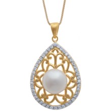 Gemstar Pearl and Filigree Necklace - 18K Gold Plate with CZ Accents in White - Closeouts