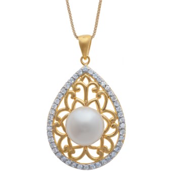 Gemstar Pearl and Filigree Necklace - 18K Gold Plate with CZ Accents in White