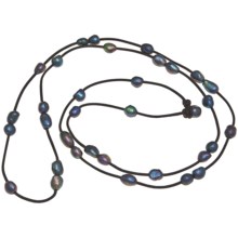 Gemstar Pearl and Leather Cord Station Necklace - 46” in Brown/Peacock - Closeouts