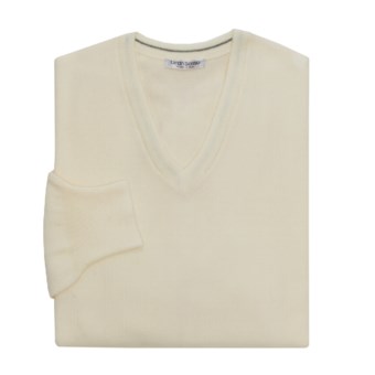 Gran Sasso Merino Wool Pique Sweater - Ultralight, V-Neck (For Men) in Cream
