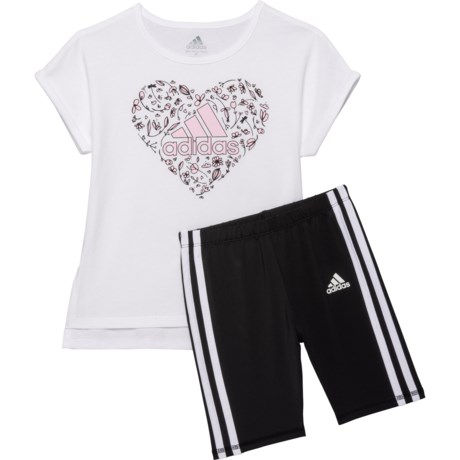 Adidas Graphic T-Shirt and 3-Stripe Bike Shorts Set - Short Sleeve (For Little Girls) - WHITE/BLACK (5 )
