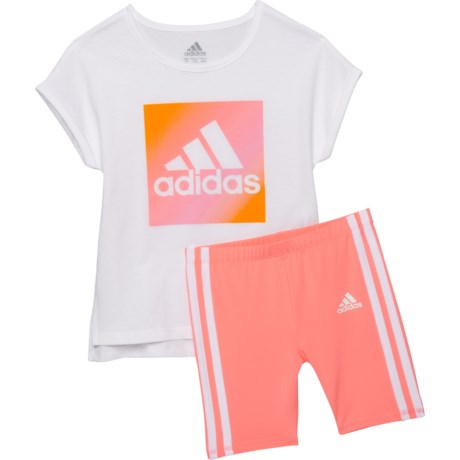 Adidas Graphic T-Shirt and 3-Stripe Bike Shorts Set - Short Sleeve (For Little Girls) - WHITE (4 )