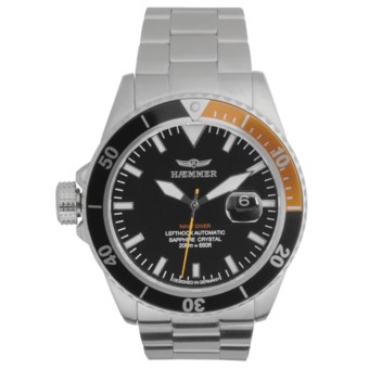 Haemmer Navy Diver Automatic Watch - Stainless Steel Bracelet in Black/Orange/Stainless Steel