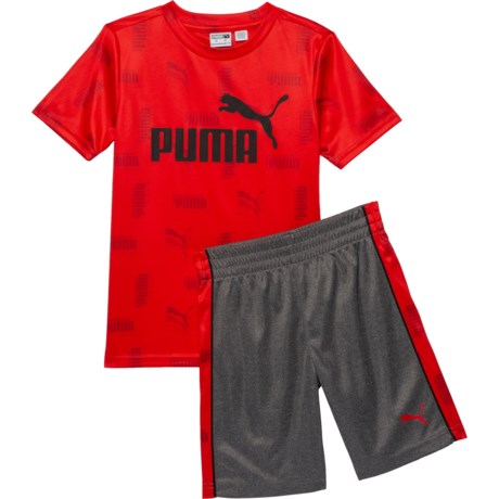 Puma Interlock AOP T-Shirt and Shorts Set - Short Sleeve (For Little Boys) - RED (5 )