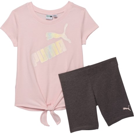 Puma Jersey T-Shirt and Bike Shorts Set - Short Sleeve (For Little Girls) - CHALK PINK (4 )