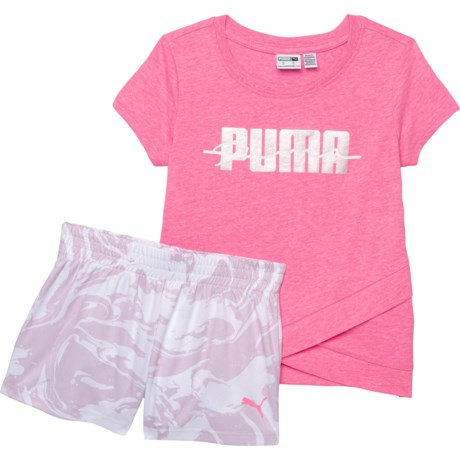 Puma Jersey T-Shirt and Mesh Shorts Set - Short Sleeve (For Little Girls) - FLUO PINK (5 )