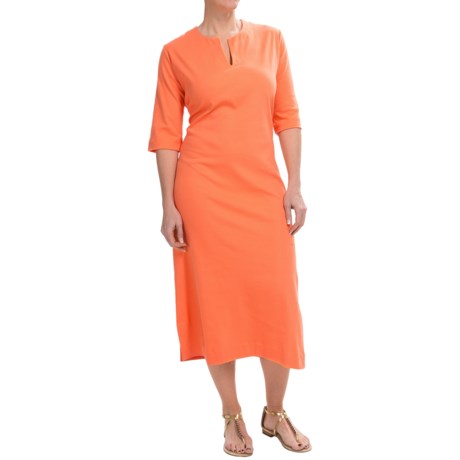 Joan Vass Split-Neck Cotton Dolman Dress - 3/4 Sleeve For Women