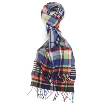 Johnstons of Elgin Bright Buffalo Check Scarf - Woven Lambswool in Wine/Blue/Orange