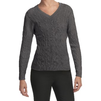 Johnstons of Elgin Cashmere Sweater - Cable Knit, V-Neck (For Women) in Derby Grey
