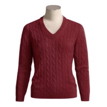 Johnstons of Elgin Cashmere Sweater - Cable Knit, V-Neck (For Women) in New Damson Red - Closeouts