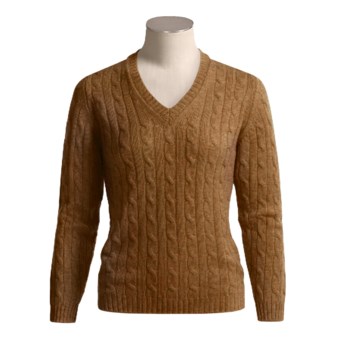 Johnstons of Elgin Cashmere Sweater - Cable Knit, V-Neck (For Women) in Straw