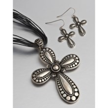Jokara Black Cord Silver Cross Necklace and Dangle Earring Set in Silver/Black - Closeouts