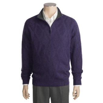 Kinross Cashmere Diamond Texture Sweater - Zip Neck (For Men) in Regal