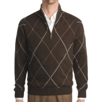 Kinross Cashmere Double Raker Mock Neck Sweater - Zip Neck (For Men) in Stag W/Zinc/Bramble