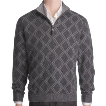 Kinross Cashmere Plaited Diamond Sweater - Zip Mock Neck (For Men) in Charcoal/Zinc