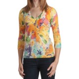 Kinross Cashmere V-Neck Sweater - Abstract Floral, 3/4 Sleeve (For Women)