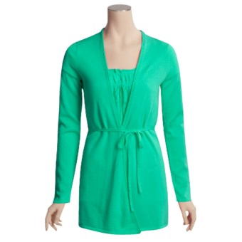 Kinross Cotton Cardigan Sweater - Wrap Style, Double-Roll Trim (For Women) in Jade
